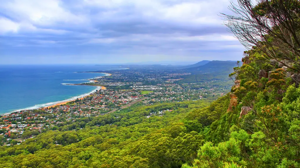 Expansive coastal view from an elevated vantage, featuring lush green forests, a sprawling town, and a vibrant blue ocean under a cloudy sky.