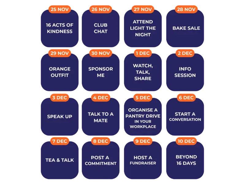 a list of activites we can undertake in 16 days of activism